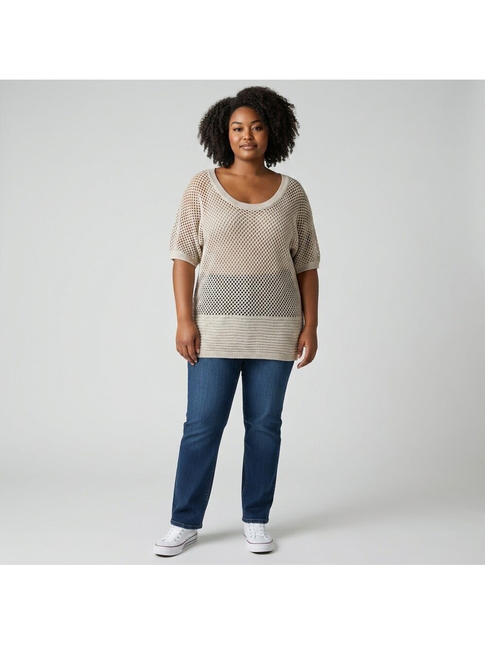 WD NY Top Women 1X Plus Gray Crochet Short Sleeve Round Neck Cotton Casual